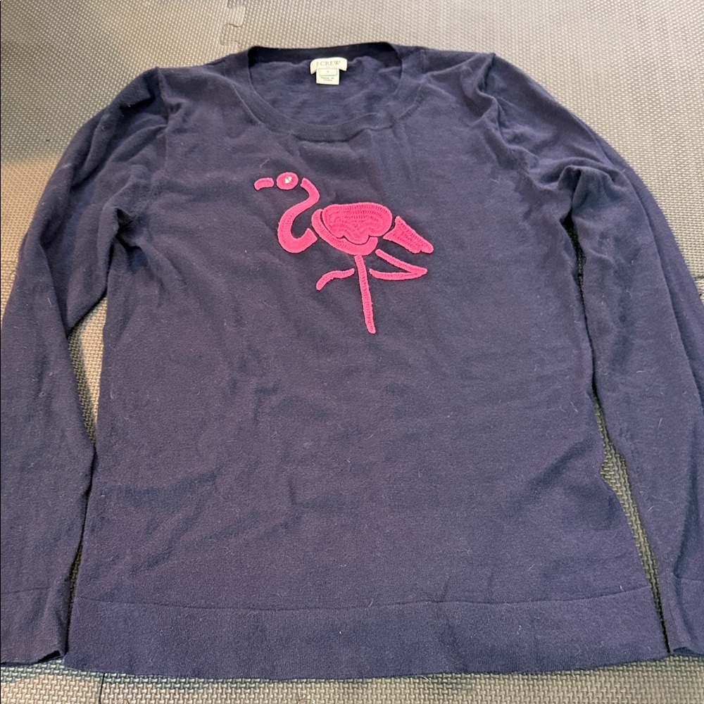 J. Crew Navy Crewneck Sweater with Pink Flamingo Appliqué